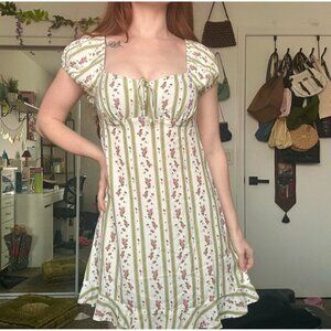 Cottagecore Puff Sleeve Mini Dress Floral Striped Ruffle Hem Milkmaid Corset Sty